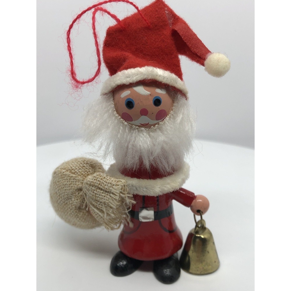Vintage Wooden Santa Claus Christmas Ornament‎ 4" Working Bell, Burlap Sack